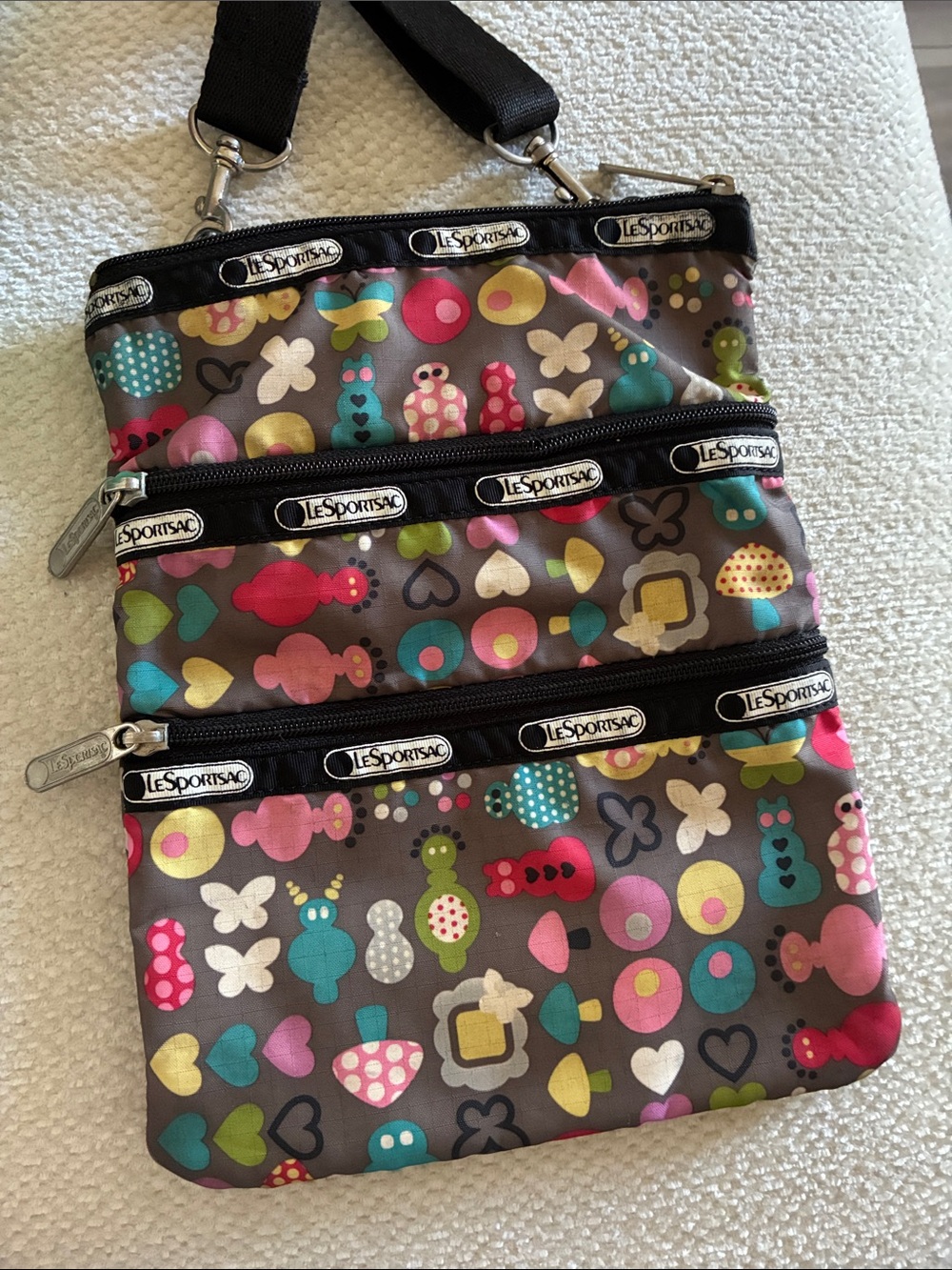 Lesportsac Gray Crossbody Bag with Multicolor Hearts & Dots